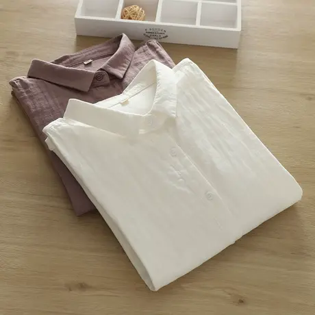 春秋装日系简约文艺小清新双层纱纯棉长袖白色衬衫女宽松百搭上衣图片