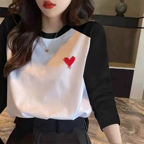 黑白撞色春秋季插肩袖长袖2023新款T恤女内搭打底衫宽松纯棉上衣图片