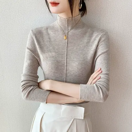 半高领打底衫女2023春季新款长袖修身中领套头羊毛内搭针织上衣商品大图
