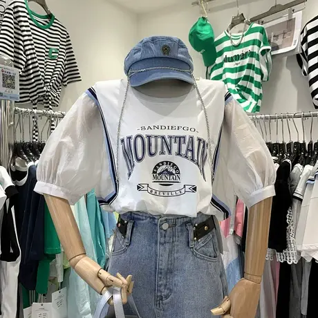 短袖t恤女2021夏季新款韩版ins潮学院风撞色拼接假两件宽松上衣服商品大图