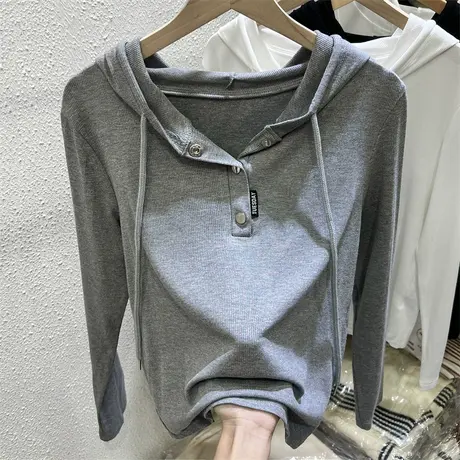 欧货连帽抽绳宽松T恤女长袖2023早秋新款弹力针织打底衫灰色上衣商品大图