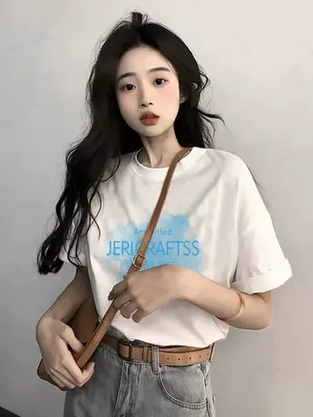 仿棉短袖t恤女2023年新款夏季宽松大码体恤韩版休闲打底上衣t桖潮商品大图