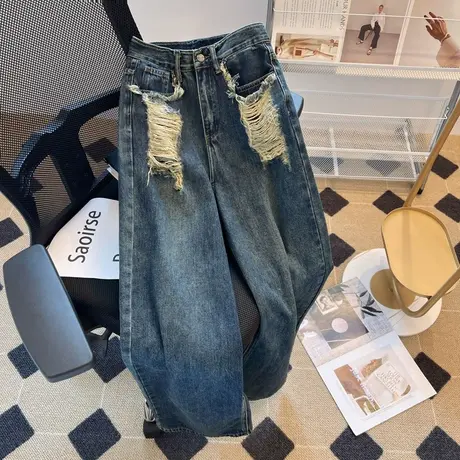 复古蓝高腰破洞阔腿牛仔裤女春夏季2023年新款宽松直筒裤拖地裤潮商品大图