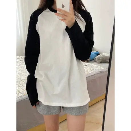 黑白撞色长袖T恤女2023早秋新款宽松显瘦洋气减龄插肩袖纯棉上衣图片