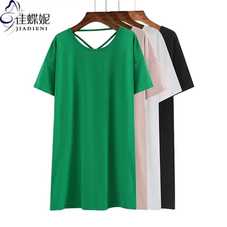 夏季新款韩版圆领纯棉中长款下衣失踪绿色宽松美背短袖体恤上衣女商品大图