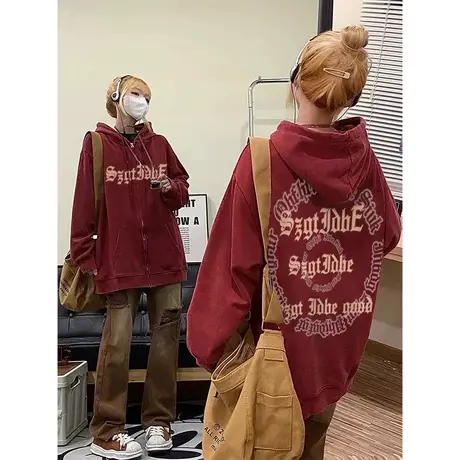 秋冬加绒加厚连帽拉链开衫卫衣女美式复古潮牌oversize宽松外套商品大图