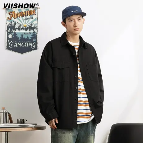 VIISHOW复古简约纯色长袖衬衫男潮牌街头bf宽松垂感休闲百搭衬衣商品大图