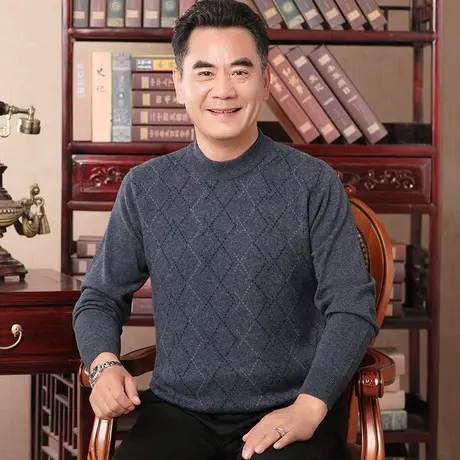 秋冬季中年男士全羊毛衫爸爸装毛衣圆领加厚款保暖老人打底上衣服商品大图