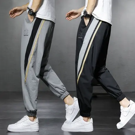 夏季薄款冰丝速干运动卫裤男士粗条纹休闲裤萝卜灯笼裤子九分束脚商品大图