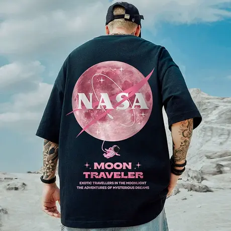 oversize美式潮牌胖子男装大码国潮嘻哈宽松NASA短袖T恤潮流半袖商品大图