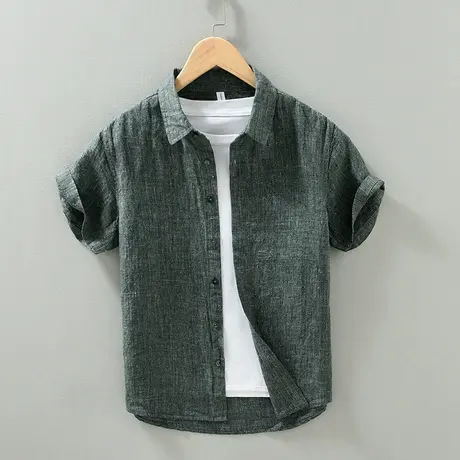 亚麻衬衫男短袖夏季薄款棉麻休闲半袖男士翻领免烫衬衣男装上衣潮商品大图