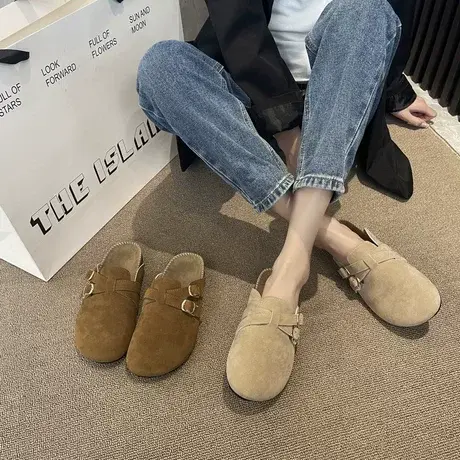 包头半拖鞋女夏外穿2023年春季新款懒人穆勒方头平底单鞋半托鞋子商品大图