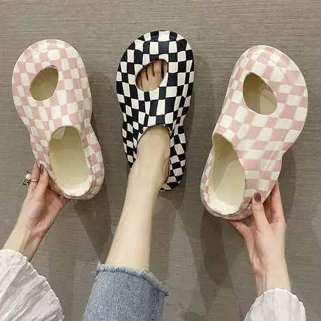洞洞鞋女夏季ins潮时尚棋盘格外穿厚底防滑老爹拖鞋沙滩包头凉拖商品大图