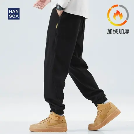 hansca运动卫裤男冬季加绒宽松束脚潮牌拼接黑色加厚保暖休闲长裤商品大图