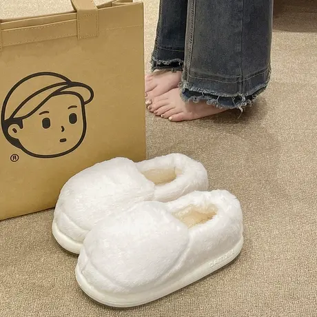 简约棉拖鞋女冬季厚底外穿情侣室内家居保暖毛绒防滑包跟月子棉鞋商品大图