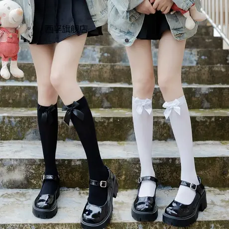 春夏长筒袜女过膝jk制服丝袜白色蝴蝶结薄款日系少女小腿袜中筒袜商品大图