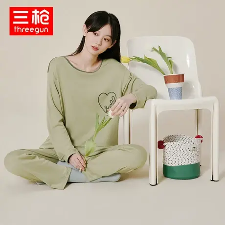 三枪家居服女士秋冬华夫格圆领长袖长裤宽松舒适睡衣睡裤套装商品大图