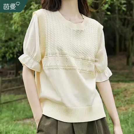 茵曼旗舰店设计感小众针织衫女2023夏季新款宽松圆领显瘦短袖上衣图片
