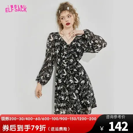 妖精的口袋法式黑色雪纺连衣裙女2023秋新款v领收腰显瘦气质裙子图片