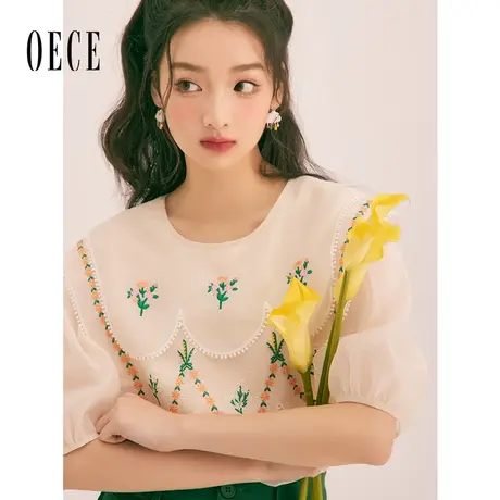Oece别致漂亮小衫2023春夏季新款女装复古刺绣花朵衬衫设计感上衣图片