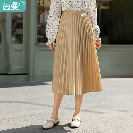 茵曼气质百褶半身裙女2023年春季文艺纯色松紧腰显瘦小个子中长裙图片