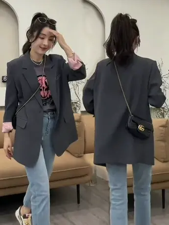 2023春季新款宽松显瘦高级感拼色气质简约休闲韩系西装外套女时尚图片