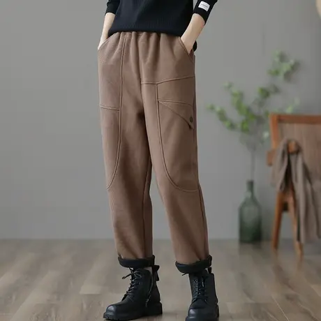 dza 高腰显瘦华夫格加绒裤子女士长裤冬季宽松阔腿裤休闲哈伦女裤图片