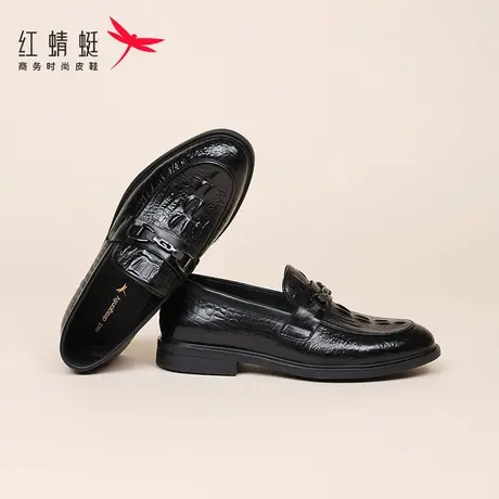 红蜻蜓男鞋新款鞋子鳄鱼皮纹一脚蹬懒人乐福鞋男休闲皮鞋真皮潮鞋商品大图