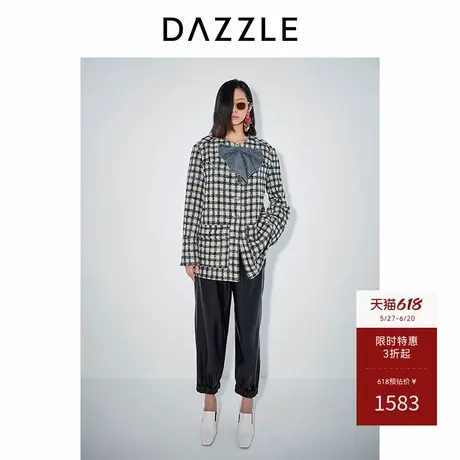 DAZZLE地素奥莱 毛呢外套春秋女装小香风蝴蝶结饰花呢蓝灰格子大图片