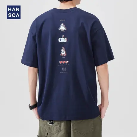 hansca 250g重磅短袖T恤男款2025夏季薄款趣味印花藏蓝色休闲上衣商品大图