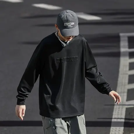 唐狮春新款长袖T恤男宽松休闲内搭压印圆领纯色上衣打底衫潮商品大图