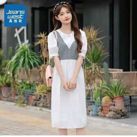 SP真维斯女装连衣裙2025春季新款女生假两件设计显瘦圆领短袖裙子图片