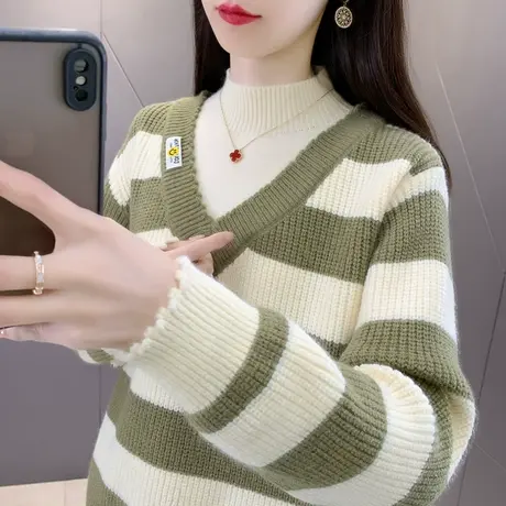 法式假两件半高领毛衣女2023秋冬加厚上衣设计小众条纹针织打底衫商品大图