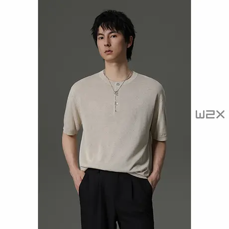 w2x夏季纯色亨利领短袖T恤男日系休闲百搭镂空凉感透气青年体恤潮商品大图