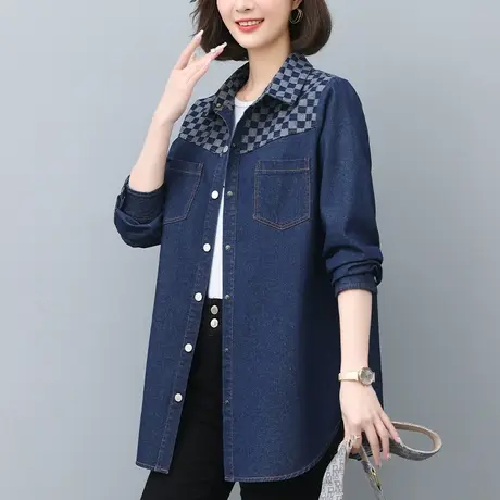 休闲衬衫女长袖春秋新款加肥加大码女装宽松中长款遮肚子显瘦上衣图片