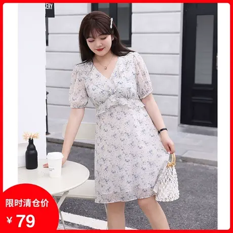 2023年夏装新款气质温柔风V领收腰碎花连衣裙显瘦大码胖MM雪纺裙商品大图