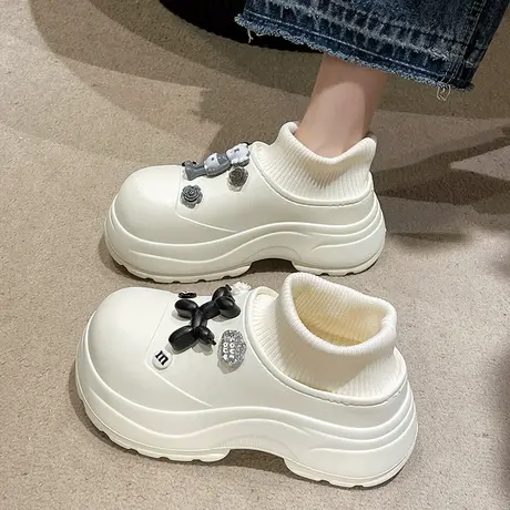 公仔小熊防水厚底加绒棉拖鞋女冬季外穿高包跟袜子鞋防滑保暖棉鞋商品大图