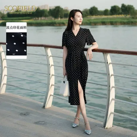 Scofield女法式度假风V领波点印花黑色连衣裙2025夏季新品图片