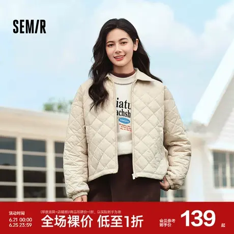 森马棉服女灯芯绒翻领菱形格复古时尚2024冬新款三防宽松轻薄棉衣图片