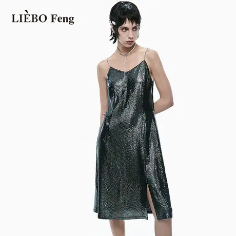 裂帛LIEBOFeng2023年春夏新款垂感开衩小黑裙ABG辣妹吊带连衣裙图片