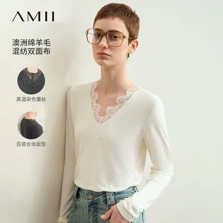 Amii2025夏新款通勤浪漫精美蕾丝拼接V领T恤女舒适透气法式上衣商品大图