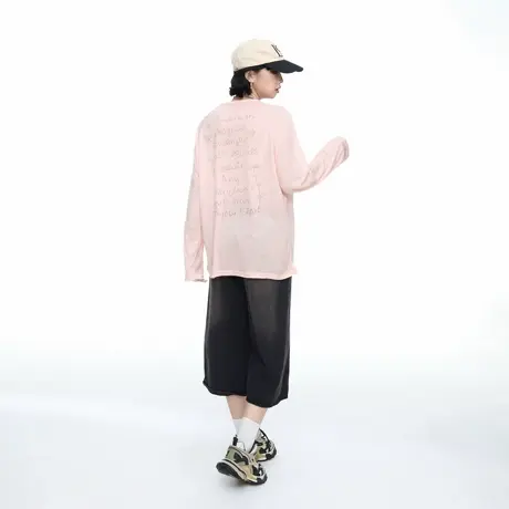 粉色字母印花薄款长袖T恤女春秋新款宽松慵懒风微透防晒罩衫上衣商品大图