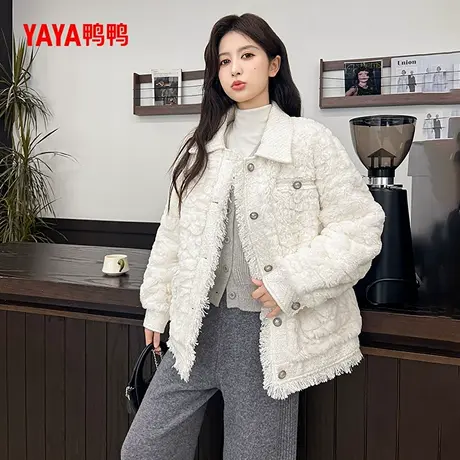 鸭鸭羽绒服女2024年冬季新款短款加厚时尚衬衫领羊羔毛拼接外套Z商品大图