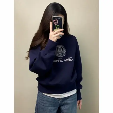 美式复古藏蓝色字母圆领卫衣女早秋新款宽松休闲百搭显瘦短款上衣商品大图