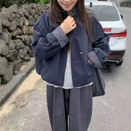 格子袖口撞色立领外套女2025秋季新款韩系宽松休闲百搭短款上衣图片