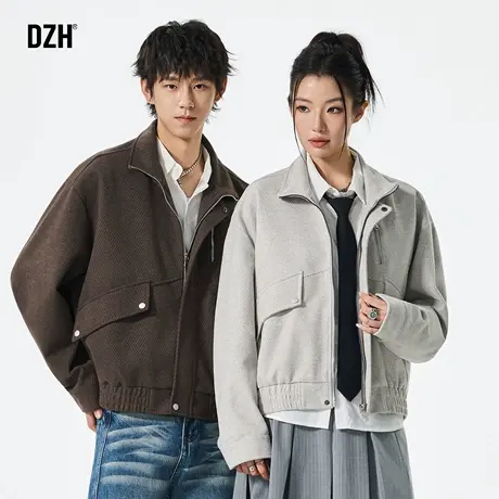 情侣纯色梭织毛呢外套男2025新款秋季立领设计感上衣美式夹克潮牌商品大图