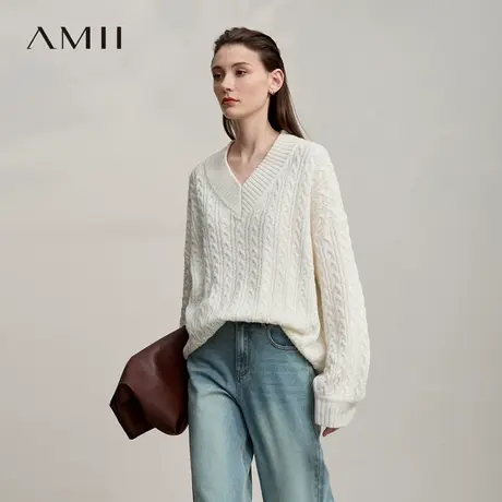 Amii2025冬新款极简纯色宽松弹力落肩袖扭花麻花V领套头毛衣女图片