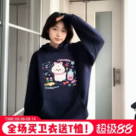 chic学院风可爱卡通印花藏蓝色连帽卫衣女宽松显白套头帽衫上衣薄商品大图