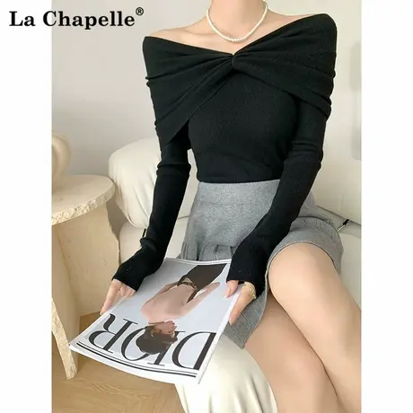 拉夏贝尔春秋一字肩修身针织衫女法式露肩内搭毛衣设计感打底上衣图片