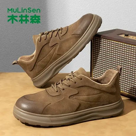 木林森时尚皮鞋男鞋秋季新款英伦真皮休闲鞋复古软底运动工装板鞋商品大图